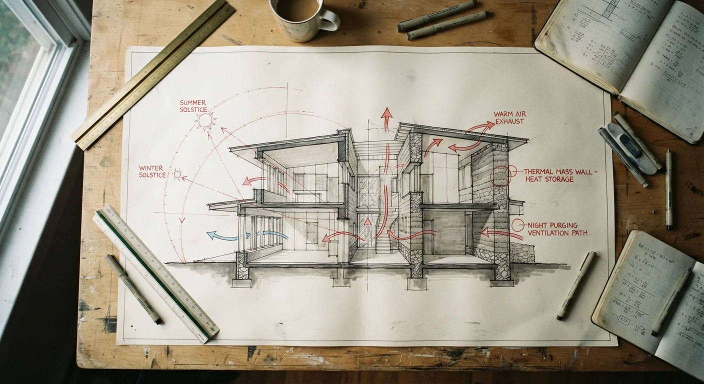 Architectural section drawing with sun angles and airflow paths annotated in red pen