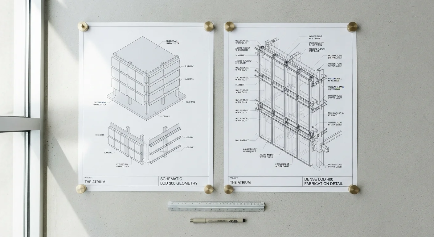 Side-by-side printed comparison of schematic LOD 300 and detailed LOD 400 model exports