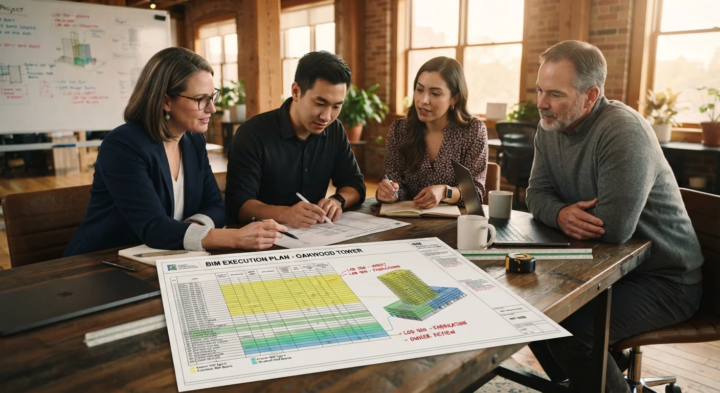 Team reviewing a printed BIM execution plan with LOD assignments at a conference table